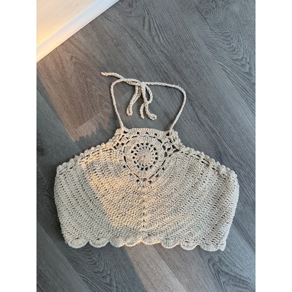 Boho Crochet Halter Crop Top Beige Open Knit Festival Beach Cover Up Medium